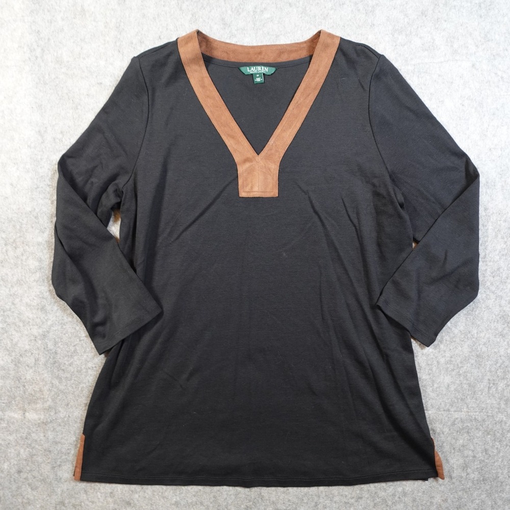 Ralph Lauren Top Womens 1X Tunic Leather Trim VNeck Equestrian Western Black